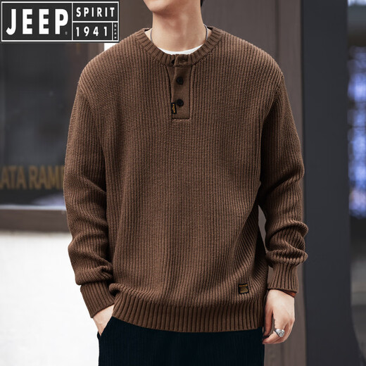 JEEP SPIRIT Jeep American retro knitted Henry sweater lazy style autumn and winter thickened vertical striped workwear pullover sweater for men Khaki S suitable for 90-110Jin Jin equals 0.5 kg