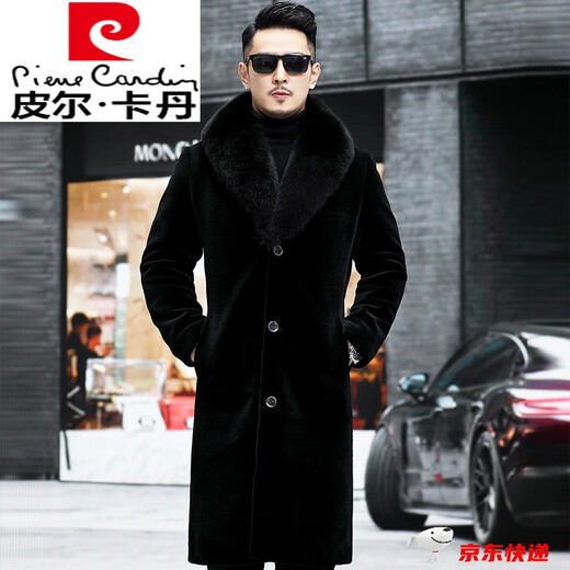 Pierre cardin high-end international brand men's clothing Haining sheepskin coat men's long style over-knee fox fur collar integrated with fur black fox fur collar long style over-knee (down lining) L 110-125Jin [Jin equals 0.5 kg]