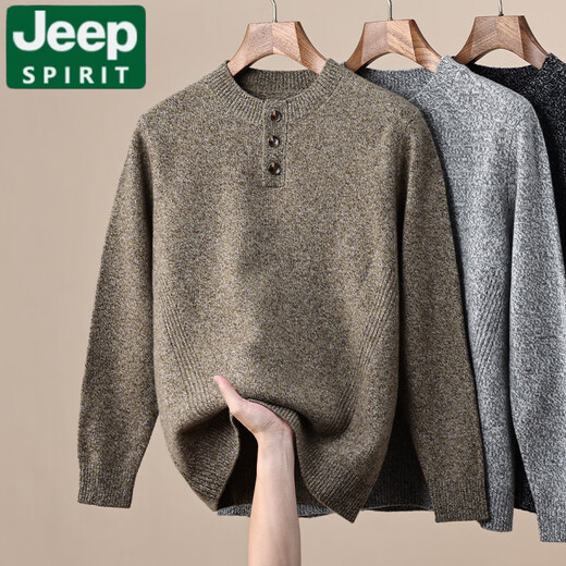 JEEP SPIRIT Wool Sweater Men's 2025 Autumn and Winter New Henley Collar Warm and Versatile Casual Bottoming Sweater Men's Sand Brown XL 180/96A(115)