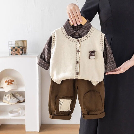 Min Sheng Boys Autumn and Winter Three-piece Suit Shirt Overalls Sweater Vest Fashionable Baby Clothes Birthday Gift 90 Height 75-85cm/Weight 20-25Jin Jin is equal to 0.5kg Usually shot according to height + 10