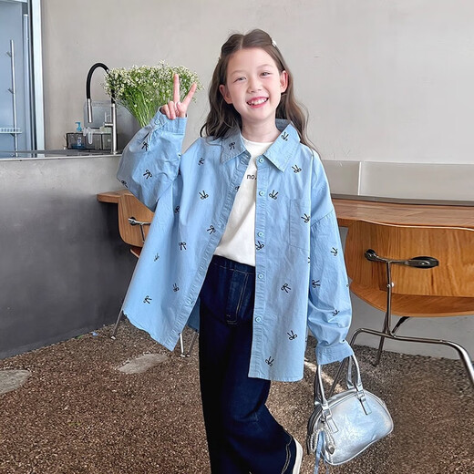 Girls' loose trendy mid-length shirts children's fashionable Internet celebrity shirts big children's tops 2025 spring and autumn new style blue 160