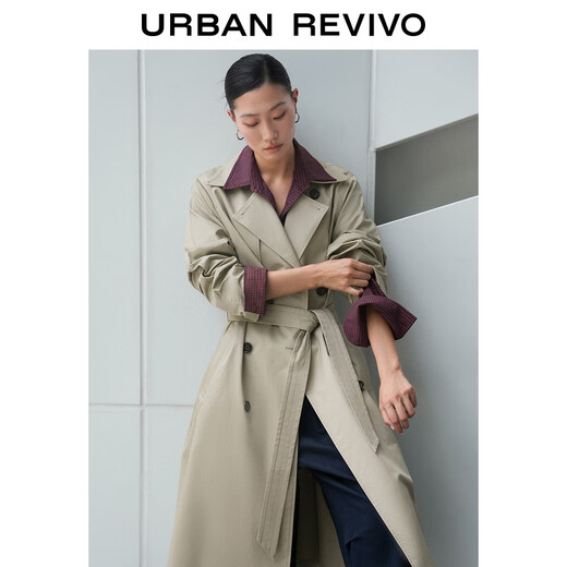 UR autumn new women's temperament double-breasted belt windbreaker jacket UWM150045+ light khaki (loose) XS