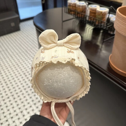宝宝帽子春秋护耳帽可爱韩版纯棉系带宫廷帽婴幼儿出游包脸帽胎帽 米色_蝴蝶结 170 0-6个月帽围36-40cm_均码