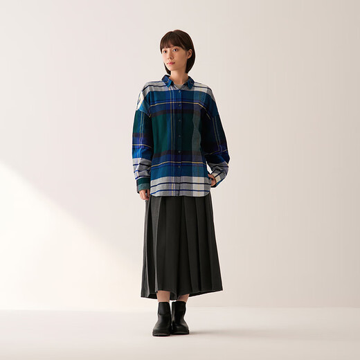 MUJI Women's Flannel Shirt Collar Wide Long Sleeve Shirt Women's Plaid Shirt Jacket 25 Winter Women's Green Plaid S (155/80A)