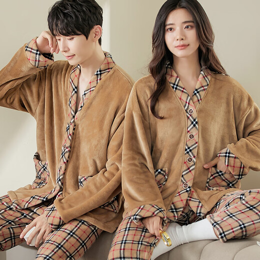 Fenton 2025 Autumn and Winter New Coral Velvet Plaid Couple Pajamas Can Be Weared Outside Age-Reducing Coffee Color Coffee Plaid Women F001 L