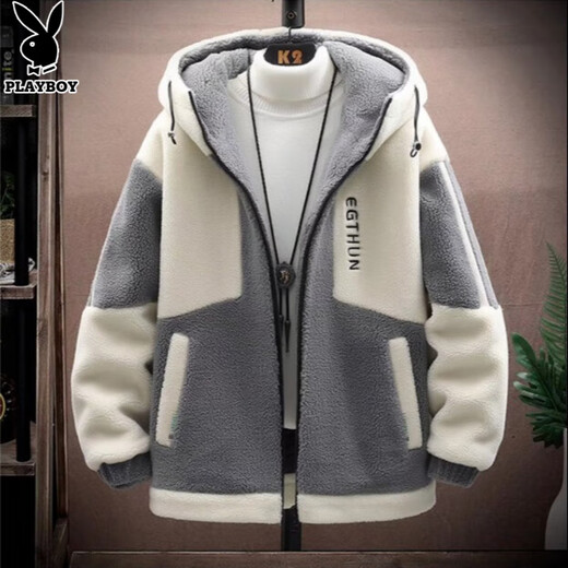 Playboy lamb velvet jacket men's winter loose and trendy junior high school student quilted thickened grain velvet men's jacket off-white XL