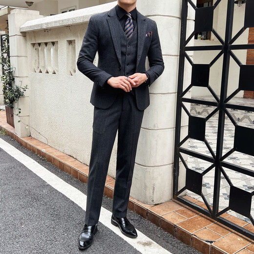 Lilang Autumn and Winter Thick Wool Suit Men's Striped Woolen Business Casual Suit Korean Slim Wedding Dress Dark Gray Suit+Vest+Trousers 3XL 56