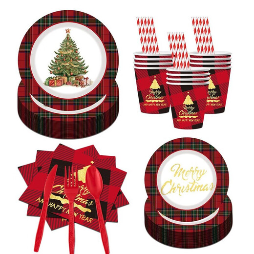 Red Christmas Party Paper Plate Tableware Set Printed Plaid Children's Christmas Disposable Paper Cups Tissue Paper Plates 10-Person 8-piece Set Red