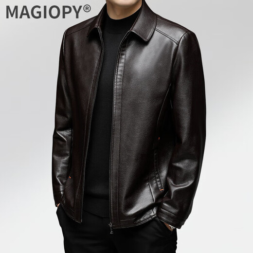 MAGIOPY high-end brand high-end leather jacket men's spring and autumn new middle-aged business lapel cowhide leather men's jacket dark brown M 170