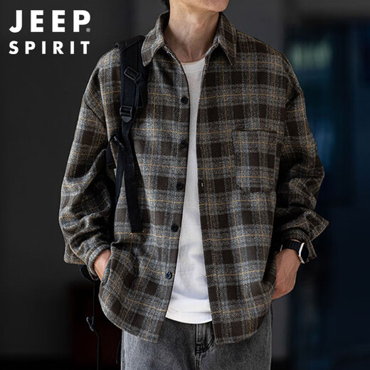 JEEP SPIRIT Jeep brushed thickened plaid shirt men's autumn and winter workwear long-sleeved shirt casual jacket dark gray 2XL