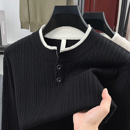 Playboy cleanfit henley collar sweater men's autumn and winter loose inner sweater lazy style fake two-piece off-white L