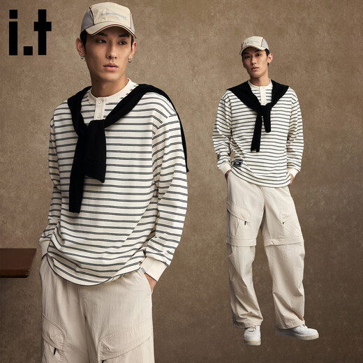 Izzue it Hong Kong trendy brand striped sweatshirt men's spring and autumn American retro contrast color Henry collar long-sleeved bottoming shirt black official authentic L