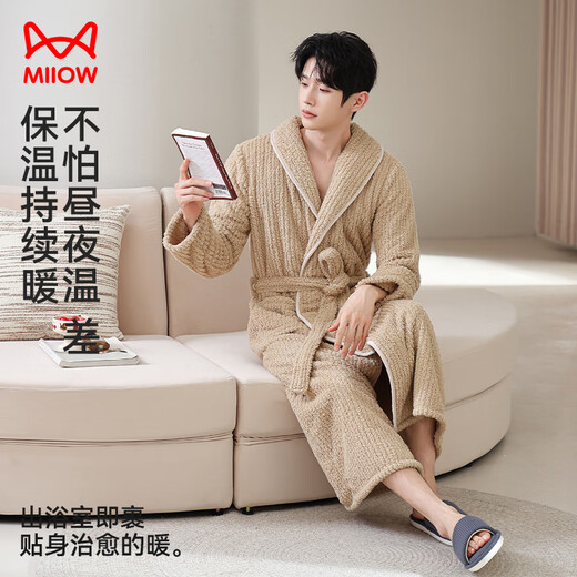 Catman Warm Sherry Velvet Pajamas Couples Pajamas Men's Winter Striped Extra Long Warm Simple Bathrobe Beige 2XL