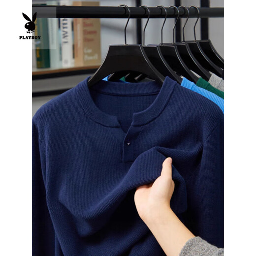 Playboy (PLAYBOY) pure cotton Henry collar long-sleeved sweater men's spring and autumn new casual simple solid color V-neck bottoming shirt white M 165 ((recommended 100-120)