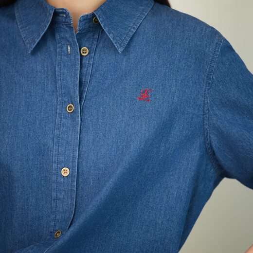 Eveli (eifini) Jiang Xin endorsed embroidered light blue washed denim cotton shirt for women 2025 autumn new small top Cobalt Blue S 80-105Jin Jin equals 0.5 kg