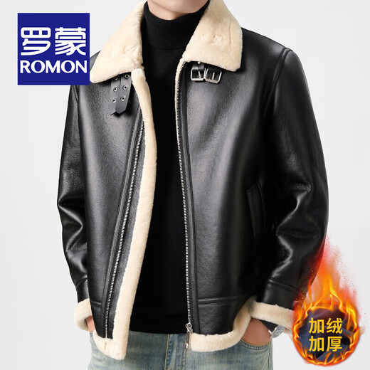 ROMON fur integrated plus velvet leather jacket for men in autumn and winter, lamb velvet comfortable and warm jacket, thickened motorcycle leather jacket for men, black fur integrated L/175