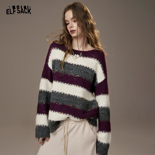 Fairy's Pocket Sequin Striped Contrast Color Sweater Women's 2025 Autumn and Winter New Lazy High-Quality Wool Sweater College Stripe Yellow M