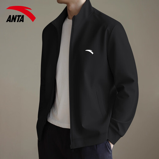 ANTA (ANTA) Knitted Stand Collar Sports Jacket Men's 2025 Autumn New Cardigan Thin Casual Sweatshirt Sportswear Jacket Top -1 Basic Black Regular Style L Suitable for 120-140Jin Jin equals 0.5 kg