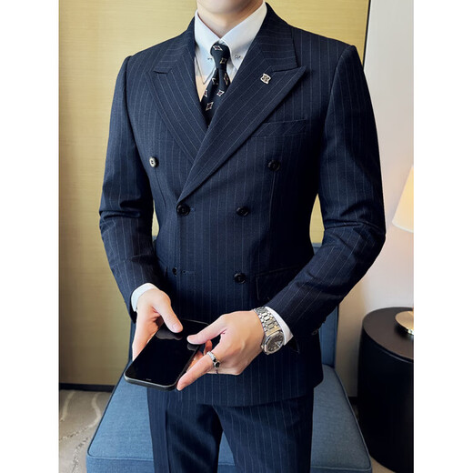 SEPTWOLVES double-breasted striped suit men's suit spring and autumn new trendy business casual slim suit three-piece black suit + trousers + vest 3XL (155-165Jin Jin equals 0.5 kg)