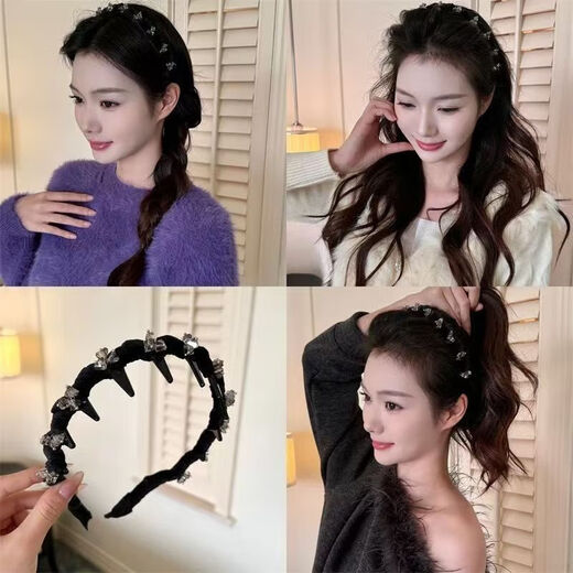 Japanese and Korean temperament velvet rhinestone wavy hairband with teeth and anti-slip new style 2025 autumn and winter broken hair face wash headband hair accessories black - velvet rhinestone black long hair 1cm