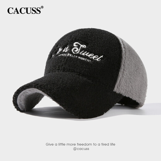 CACUSS baseball cap for women in winter, warm and windproof, small peaked cap, fashionable and versatile outdoor hat for women, black and gray