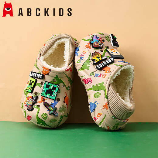 ABC KIDS children's cotton slippers 2025 winter new style non-slip plus velvet Minecraft warm baby cotton shoes for boys and girls light gray 32-33 inner length 20cm/foot length 19-19.7cm