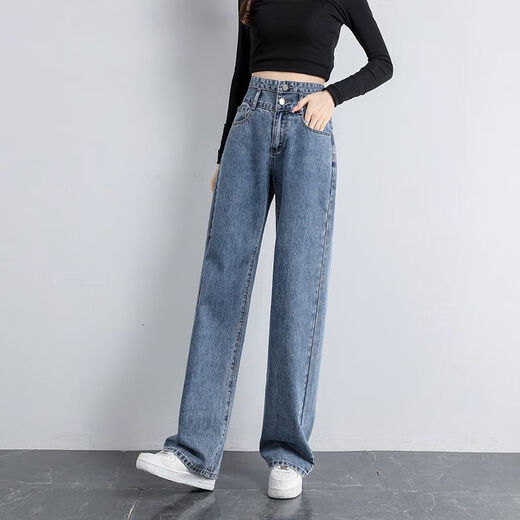 延芮高腰阔腿牛仔裤女新款显瘦直筒宽松垂感拖地春秋长裤牛仔裤 6218浅蓝色加长 M