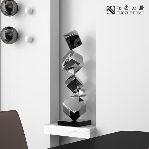 Ji Shanyuan modern simple geometric stainless steel sculpture art light luxury hotel lobby entrance niche desktop ornaments flat trumpet + sculpture table