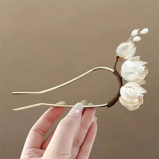 Other brands new Chinese style magnolia flower hairpin high-end U-shaped hairpin 2025 new headwear gentle temperament hairpin white magnolia flower U-shaped hairpin 1 pack