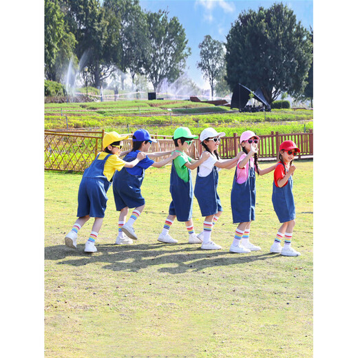 Children's Cheerleader Performance Uniforms Sports Games Opening Ceremony Performance Uniforms Kindergarten Class Uniforms Short-Sleeved Candy Color White Short-Sleeves + Denim Overalls Free Same Style Socks One Size 110cm