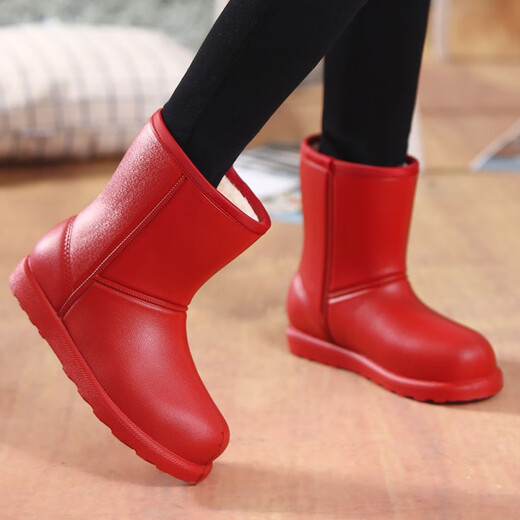 Xiaohuilijia winter new product plus cotton warm rain boots mid-tube waterproof shoes men and women's non-slip rain boots work shoes plus velvet waterproof boots purple 38