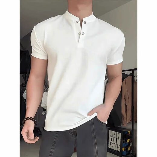 Black Henry Collar POLO Shirt Short Sleeve T-Shirt Men's Summer American Sports Fitness Right Shoulder Showing Muscles Three-quarter Sleeves White M M