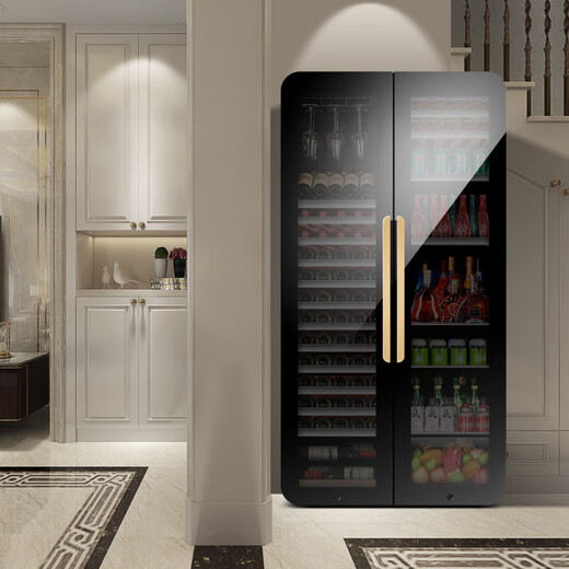 PULADI Arc Intelligent Frequency Conversion Double Door Double Temperature Red Wine Cabinet Constant Temperature Home Living Room Refrigerator Office Tea Retro Villa President Embedded Commercial Display Fresh Cabinet WIFI Retro Integrated Double Door Ice Bar + Ice Bar/Black Mirror 490L
