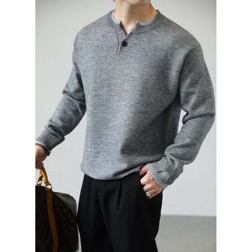 Kuraishi Kazuki trendy brand old money retro Henry collar sweater men's 2025 autumn and winter fashion versatile casual warm top light gray M