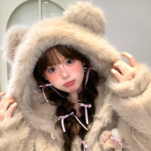 Mori Girl Tribe Sweet Style Contrast Color Hooded Fleece Sweater Women 2025 New Bear Design Versatile Loose Jacket Autumn Milk Tea Color Jacket Plus Velvet (With Doll) M