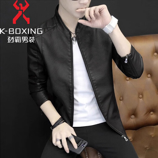 KBXNG劲霸皮衣男士秋冬季韩版潮流帅气修身外套青年加绒防风骑行机车皮 黑色 加绒 L 102-118斤