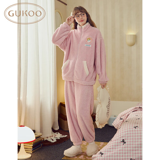 Gukoo Pajamas Women's Winter Shark Cat Plush Soft, Comfortable and Warm Stand-up Collar Women's Home Clothes Suit Can Be Weared D Gouache Suit M