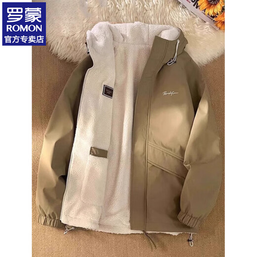 ROMON velvet double-sided jacket for men in autumn and winter new loose and comfortable casual lamb velvet hooded Hong Kong style cotton coat for men 2456 khaki plus velvet L Recommended 120-135 Jin Jin equals 0.5 kg