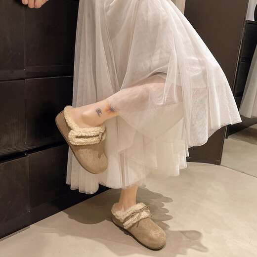 Retro bow thick-soled toe-cap fur slippers for women for outer wear 2025 new autumn and winter plus velvet warm Birkenstock cotton slippers C80 card color 37