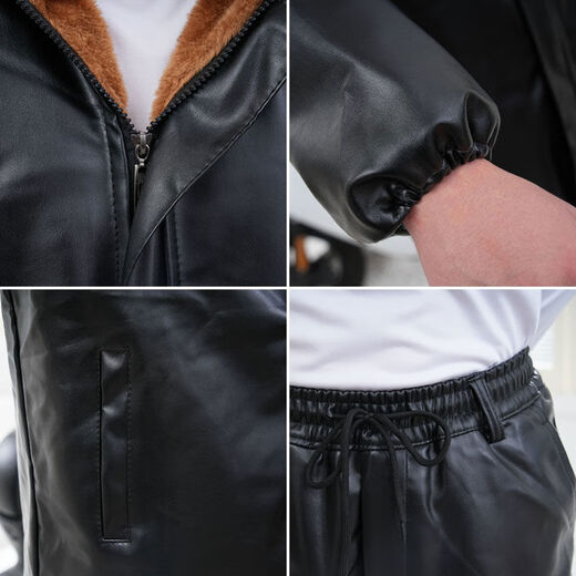 Winter thickened velvet leather jacket for driving, windproof and warm leather suit for men, loose leather pants, cold-proof leather cotton jacket, thickened knee pad suit, removable hood, leather jacket + straps, elastic waist, waist protector, knee leather pants, winter 2XL 2XL small and medium size 130-145Jin Jin is equal to 0.5kg
