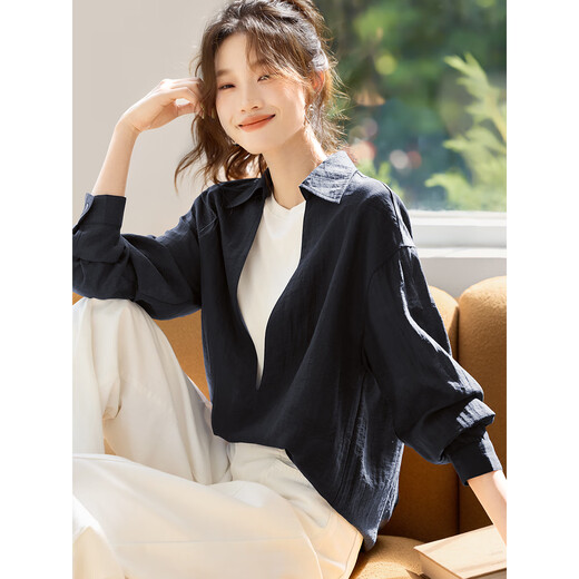 Mohan Yimei Intelligent Minimalist Shirt 2025 Autumn New French Deep V Layer Skin-Friendly Shirt Navy L