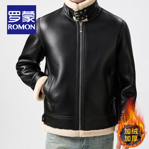 ROMON fur integrated plus velvet leather jacket for men in autumn and winter, lamb velvet comfortable and warm jacket, thickened motorcycle leather jacket for men, black fur integrated L/175