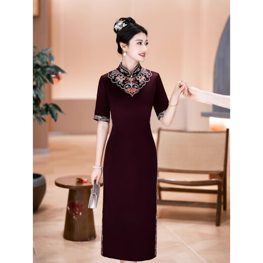 Rabbit style etiquette dress cheongsam Ao Dai cheongsam dress improved version cheongsam catwalk performance long cheongsam dress burgundy 2XL