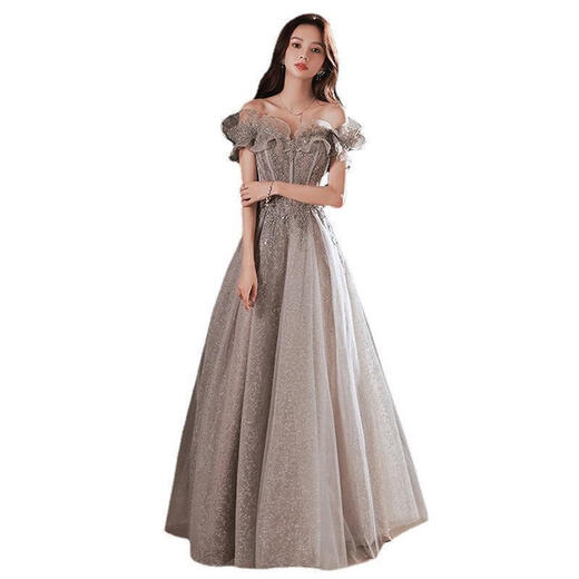 Gray banquet evening dress 2025 new one-shoulder elegant annual meeting host fairy temperament birthday party dress gray long S