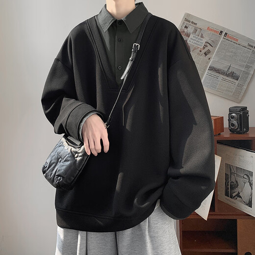 American heavyweight Henry collar polo sweatshirt men's autumn and winter design high-end fake two-piece V-neck inner long-sleeved T-shirt black M