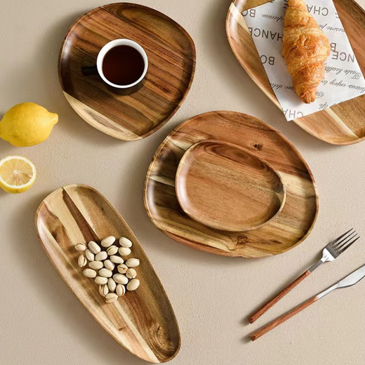 Japanese walnut color acacia wood dinner plate wooden tray tea tray commercial dessert tray serving tray solid wood color special-shaped D solid wood tray