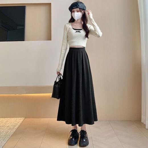 Langsha Coffee Color Woolen Skirt Women's Autumn and Winter 2025 New High Waisted Slimming Mid-Length A-Line Pleated Umbrella Skirt