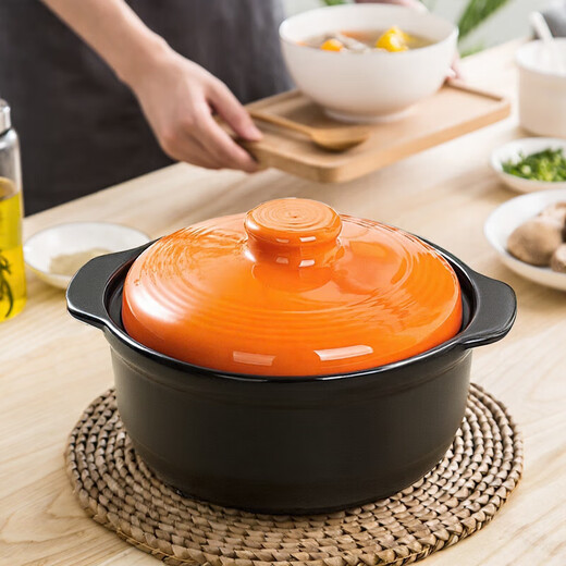 Clay pot large capacity stew pot stone pot household high temperature resistant gas stove open fire stew soup pot special ceramic pot upgraded thickening / strong freshness lock orange lid black pot 1.8L