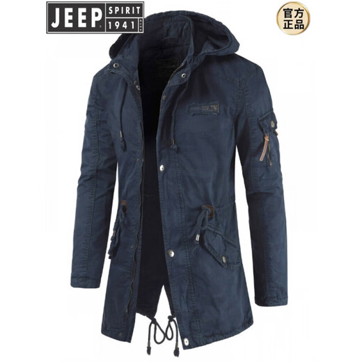 JEEP SPIRIT Jeep Fashion Workwear Windbreaker Fashion Men's Mid-Length Hooded Jacket Back Slit Chest Label Stand Collar Men's Outer Dark Blue XL (Approximately suitable for 171-175 height 140Jin Jin equal to 0.5kg inner wear)