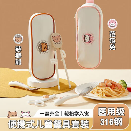 WORTHBUY 316 stainless steel cartoon tableware set for children, portable eating spoon, baby learning food supplement set, food grade He He Xiong - straight spoon and fork + chopsticks + scissors + food supplement clip + cutlery bag No Specifications